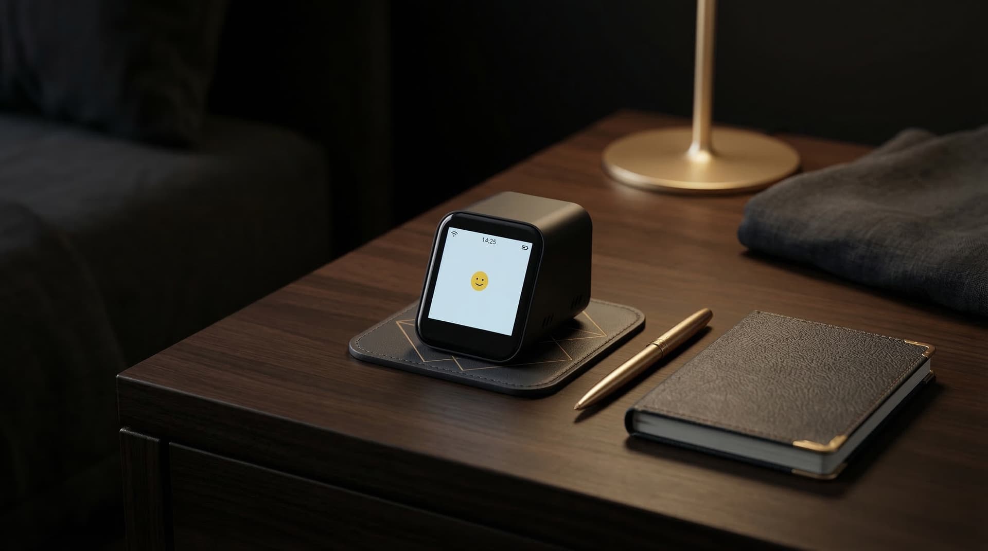 Aurelia AI hotel receptionist device on a hotel room nightstand