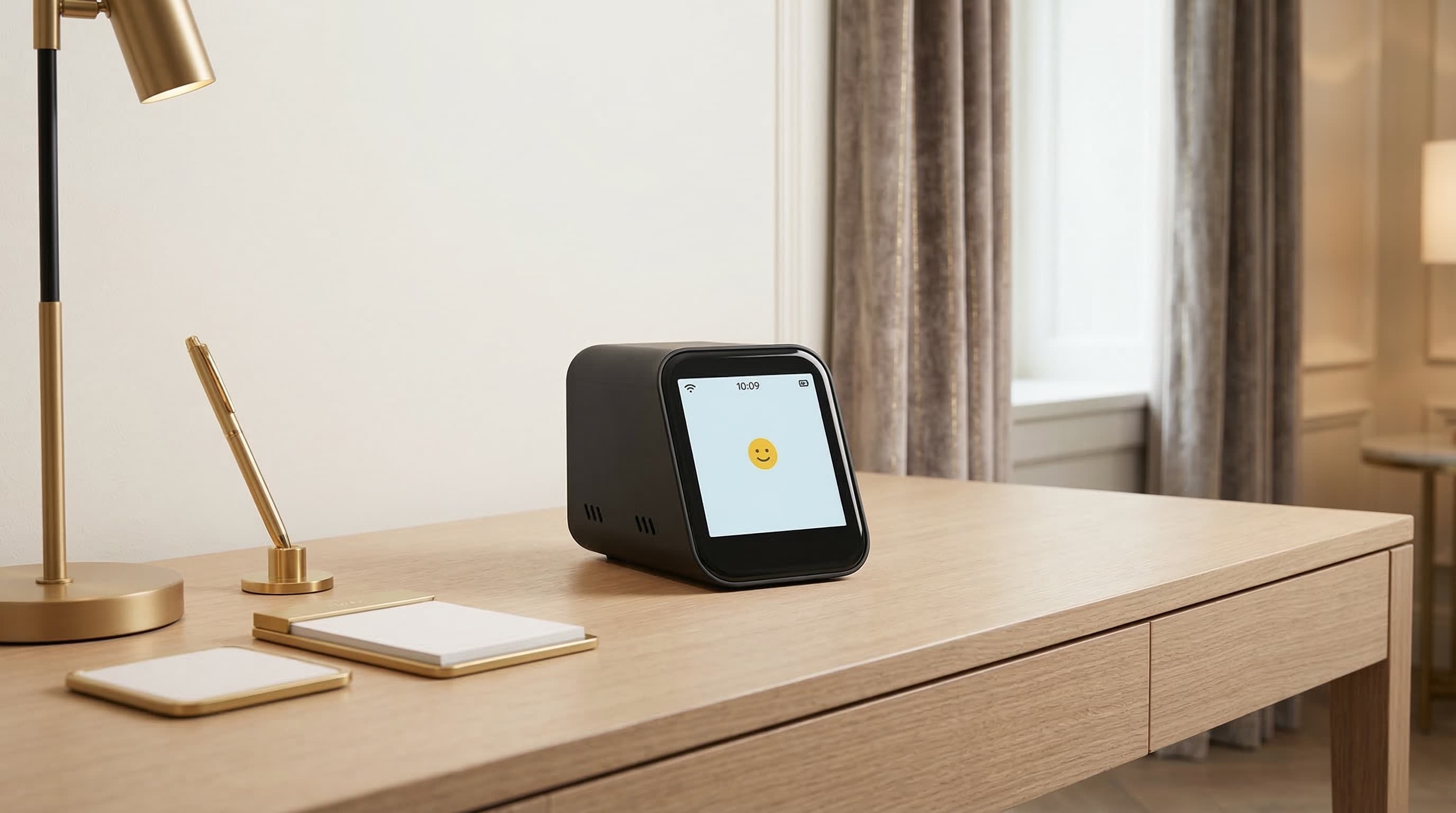 Aurelia AI hotel receptionist device on a nightstand in a bright hotel room